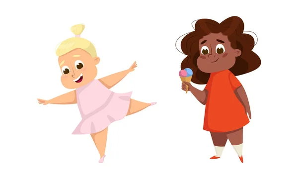 Little Girl with Overweight and Body Fat Eating Ice Cream and Dancing Ballet Vector Set — Image vectorielle