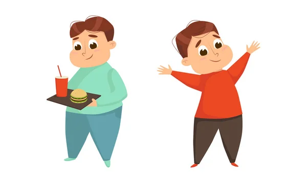 Μικρό αγόρι με υπέρβαρο και το σωματικό λίπος που κατέχουν Tray με Fast Food Vector Set — Διανυσματικό Αρχείο