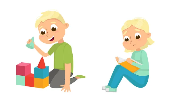Cute Children in Class Studying School Subject Reading Book and Building Block Tower Vector Set — Stockvektor