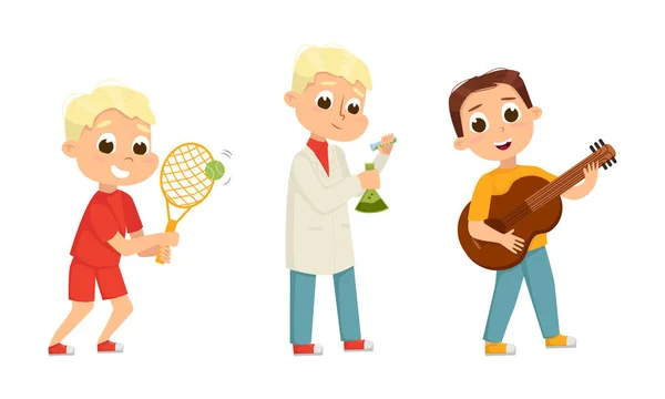 Cute Children in Class Studying School Subject Playing Tennis and Making Chemical Experiment Vector Set — Vetor de Stock