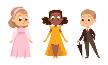 Cute Children Dressed in Elegant Clothes Standing and Smiling Vector Set