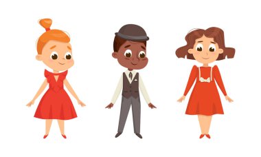 Cute Children Dressed in Elegant Clothes Standing and Smiling Vector Set