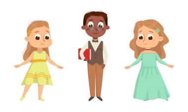 Cute Children Dressed in Elegant Clothes Standing and Smiling Vector Set