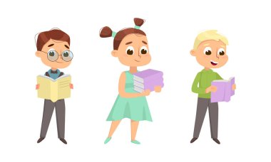 Cute Boy and Girl Nerd in Glasses Reading and Studying Book Vector Set