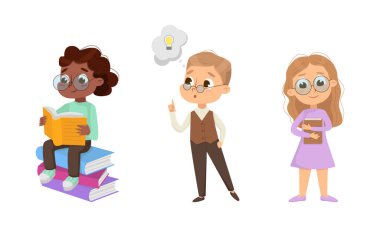 Cute Boy and Girl Nerd in Glasses Reading and Studying Book Vector Set