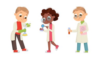 Funny Boy and Girl in Laboratory Coat Making Research with Chemicals in Glass Flask Vector Illustration Set