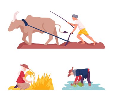 Asian Male and Female Farmer Cultivating Agricultural Crop Vector Illustration Set