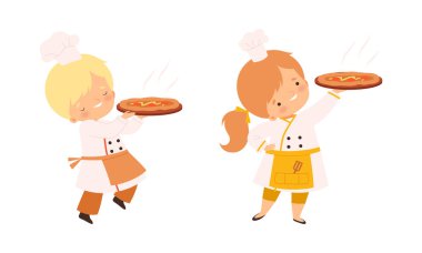 Little Boy and Girl Chef in White Toque and Jacket Holding Hot Baked Pizza Vector Set