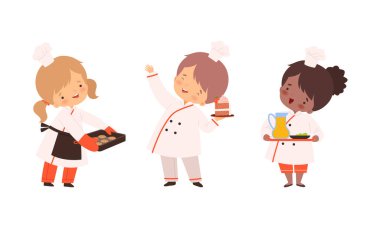 Little Boy and Girl Chef in White Toque and Jacket Holding Cookie and Cake Vector Set