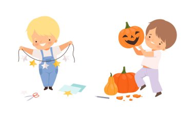 Little Boy Showing Handcrafted Paper Star Garland and Carved Pumpkin Vector Illustration Set