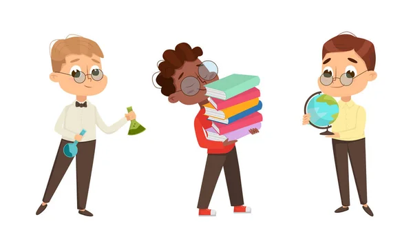 Cute Boy Nerd in Glasses Carrying Pile of Books, Flask and Globe Vector Set — Vettoriale Stock