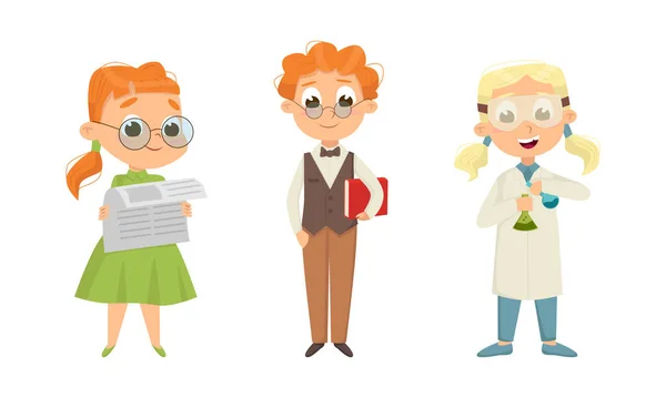 Cute Boy and Girl Nerd in Glasses Reading Newspaper and Making Experiment with Flask and Chemical Vector Set — Wektor stockowy