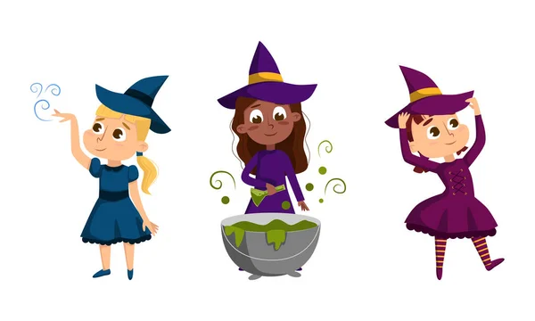 Happy Girl Witch in Dress and Pointed Hat Casting Spell Practising Witchcraft and Doing Magic Vector Set — Stock Vector