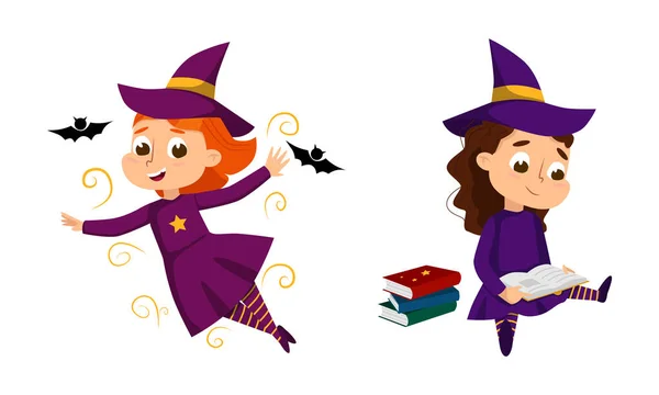 Chica feliz bruja en vestido y sombrero puntiagudo Casting hechizo practicar brujería y hacer magia conjunto de vectores — Vector de stock