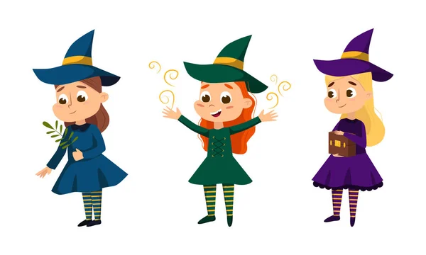 Happy Girl Witch in Dress and Pointed Hat Casting Spell Practising Witchcraft and Doing Magic Vector Set — 图库矢量图片