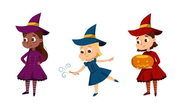 Happy Girl Witch in Dress and Pointed Hat Casting Spell Practising Witchcraft and Doing Magic Vector Set — Stock Vector