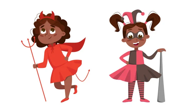 Funny Girl Dressed in Halloween Devil and Harlequin Costume Vector Illustration Set — 스톡 벡터
