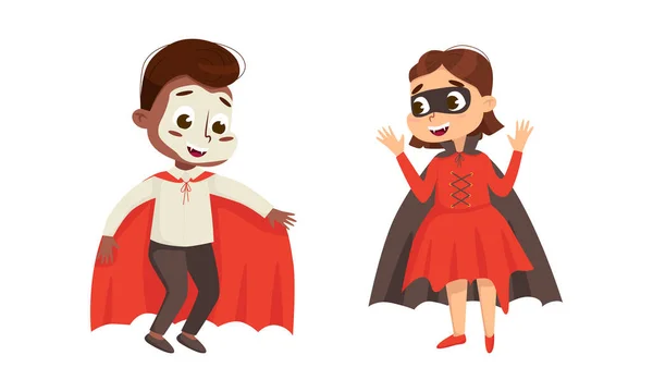 Funny Boy and Girl Dressed in Halloween Dracula and Vampire Costume Vector Illustration Set — 스톡 벡터