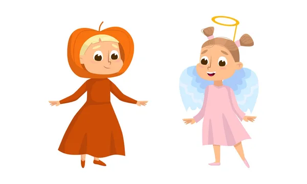 Funny Girl Dressed in Halloween Angel and Pumpkin Costume Vector Illustration Set — стоковый вектор