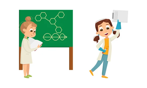 Funny Girl in Laboratory Coat Making Research Carrying Flask and Standing Near Blackboard Vector Illustration Set — 스톡 벡터