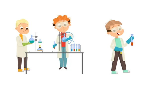 Funny Boy in Laboratory Coat Making Research with Chemicals in Glass Flask Vector Illustration Set — Stockvector