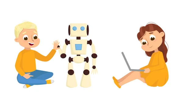 Cute Little Kid Programming and Creating Smart Robot Vector Set — Stockvektor