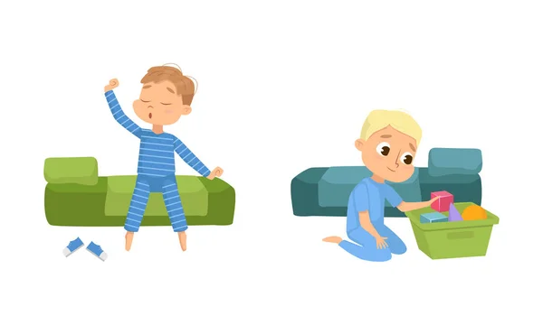 Little Boy Gathering Toys and Yawning Going to Bed Vector Set — стоковый вектор