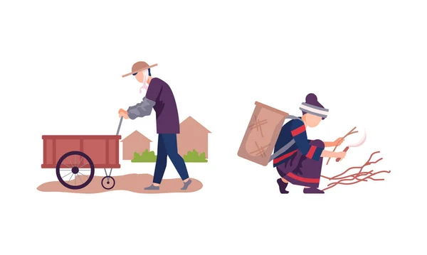 Asian Male and Female Farmer Gathering Brushwood and Pushing Trolley Vector Illustration Set — Image vectorielle