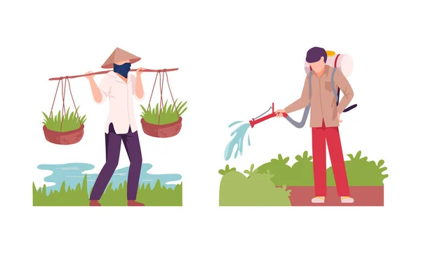 Asian Male Farmer Cultivating Agricultural Crop Vector Illustration Set — 图库矢量图片