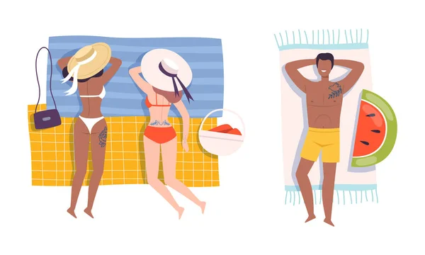 Young Man and Woman with Tattoo Wearing Swimming Suit Lying on Blanket on Beach Vector Set — Stock Vector