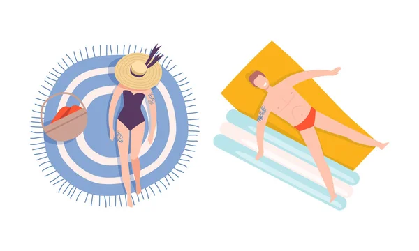 Young Man and Woman with Tattoo Wearing Swimming Suit Lying on Blanket on Beach Vector Set — Image vectorielle