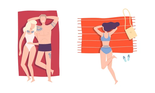 Young Man and Woman with Tattoo Wearing Swimming Suit Lying on Blanket on Beach Vector Set — Image vectorielle