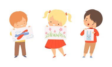 Little Boy and Girl Showing Paper with Drawing or Handcrafted Picture Vector Illustration Set