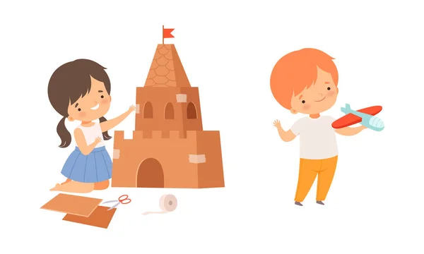 Little Boy and Girl Showing Handcrafted Paper Castle and Plane Vector Illustration Set — Vetor de Stock