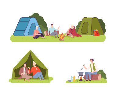 Young Man and Woman Camping Sitting Near Tent with Campfire and Talking Vector Illustration Set
