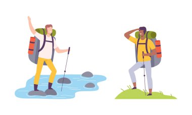 Young Man with Backpack and Pole Camping Walking Across Pond and Hills Vector Illustration Set clipart