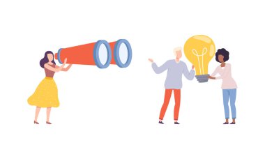 Man and Woman Character Holding Big Binocular and Light Bulb Vector Illustration Set