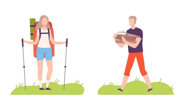 Young Man and Woman with Backpack Camping Carrying Brushwood and Walking with Pole Vector Illustration Set — Stock Vector