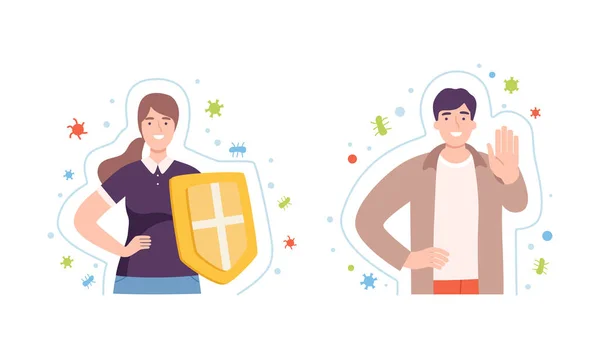Young Male and Female with Invisible Barrier for Pathogen and Germs Vector Illustration Set — 图库矢量图片