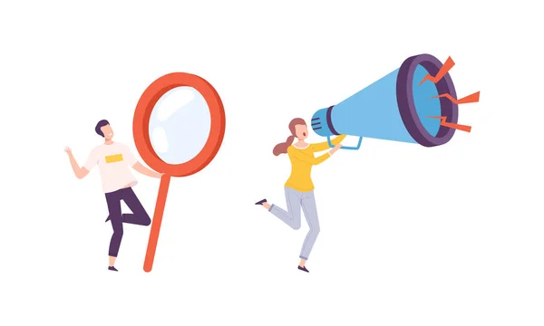 Man and Woman Character Holding Big Megaphone and Magnifying Glass Vector Illustration Set — Stock vektor