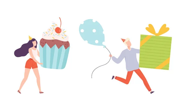 Man and Woman in Birthday Hat Carrying Huge Cupcake and Gift Box Vector Set — стоковый вектор