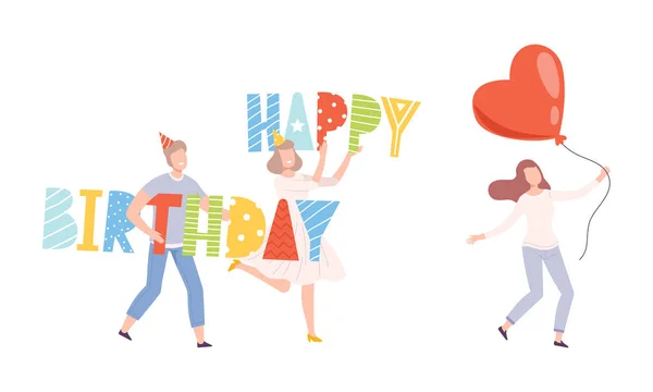 Man and Woman in Birthday Hat Carrying Huge Balloon and Happy Birthday Words Vector Set — Wektor stockowy