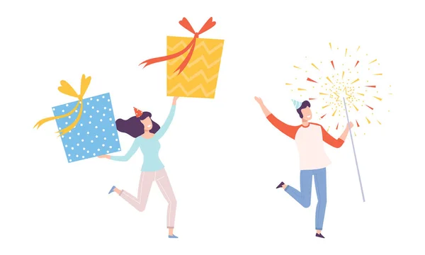 Man and Woman in Birthday Hat Carrying Huge Gift Box and Firework Sparkler Vector Set — Stok Vektör