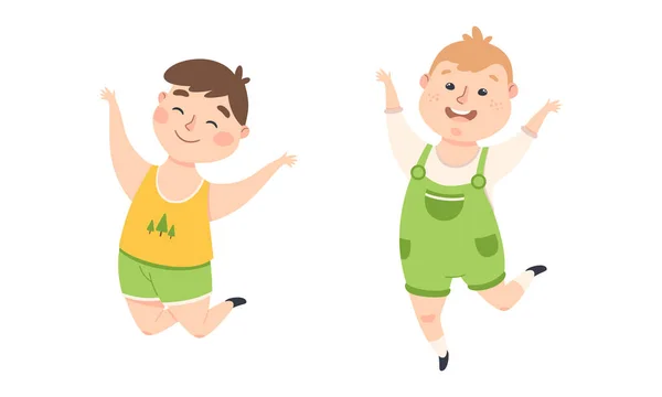 Little Boy with Overweight and Body Fat Jumping and Having Fun Vector Set — Stockový vektor