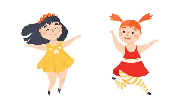 Little Girl with Overweight and Body Fat Jumping and Having Fun Vector Set — Archivo Imágenes Vectoriales