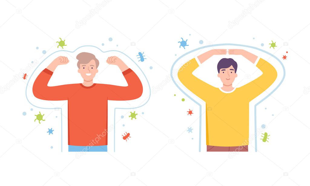 Young Male with Invisible Barrier for Pathogen and Germs Vector Illustration Set
