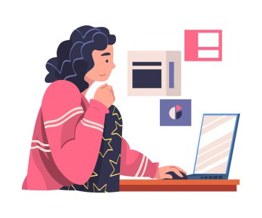Woman Character with Laptop Working with Information Analyzing Data and Browsing Internet Vector Illustration