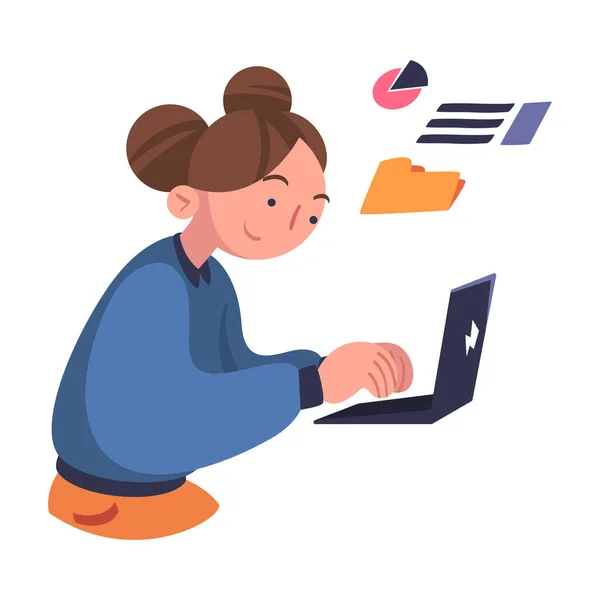 Woman Character with Laptop Working with Information Analyzing Data and Browsing Internet Vector Illustration — Stock Vector