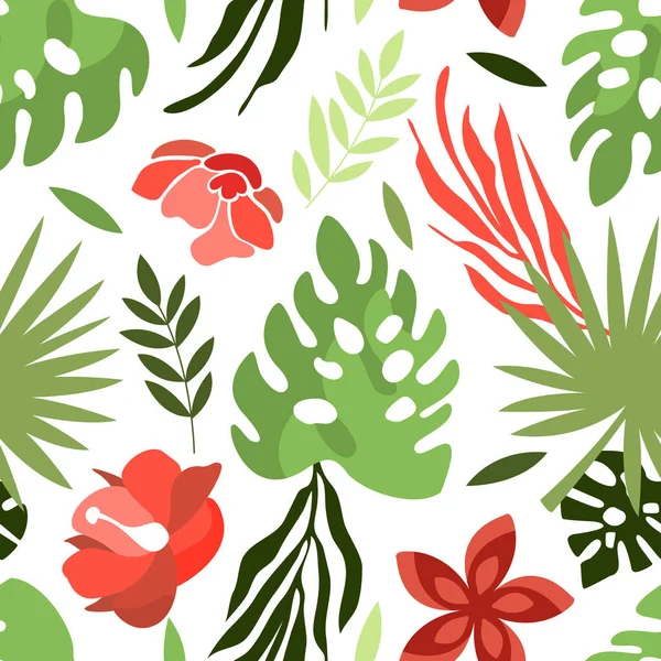 Tropical Leaf and Red Flower Vector Seamless Pattern Template — Stock vektor