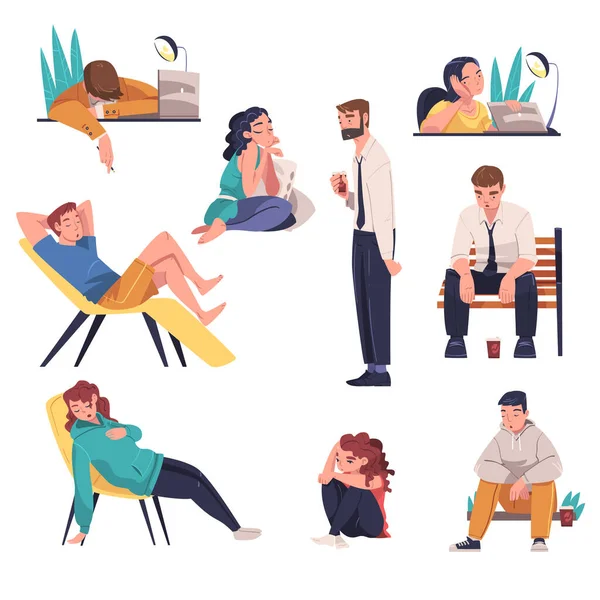 Tired Young Man and Woman Sitting at Table and on Armchair Vector Illustration Set — Image vectorielle